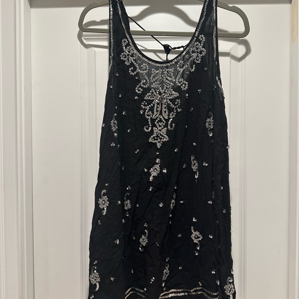 Free People Elegant Black and Silver Sequin Embellished Tank Top